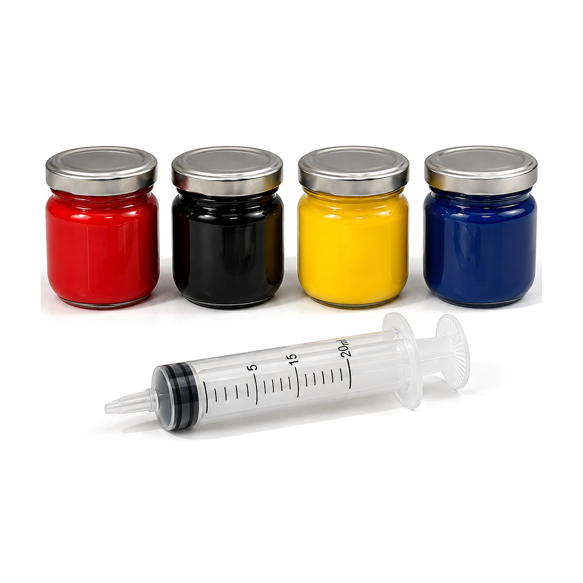 Coloranti per stucco veneziano e pitture ad acqua: vasetti rosso, nero, giallo e blu con siringa dosatrice da 20 ml