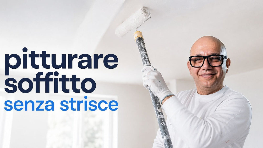 Imbianchino professionista mentre pittura un soffitto senza lasciare strisce o cordonature