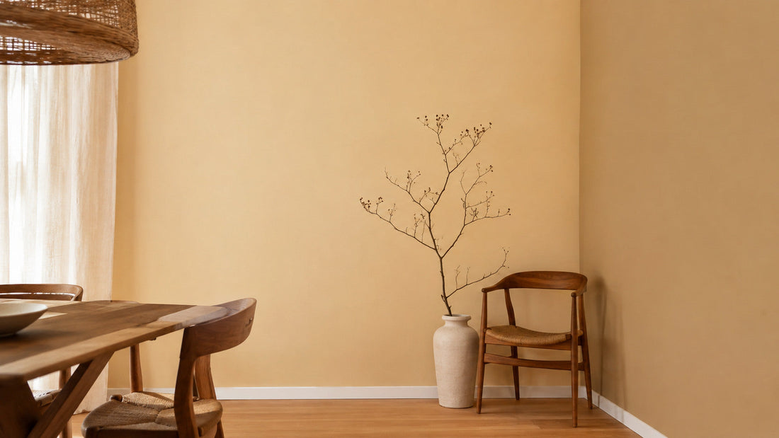Sala da pranzo con parete tinteggiata in beige dorato, tavolo e sedie in legno di noce