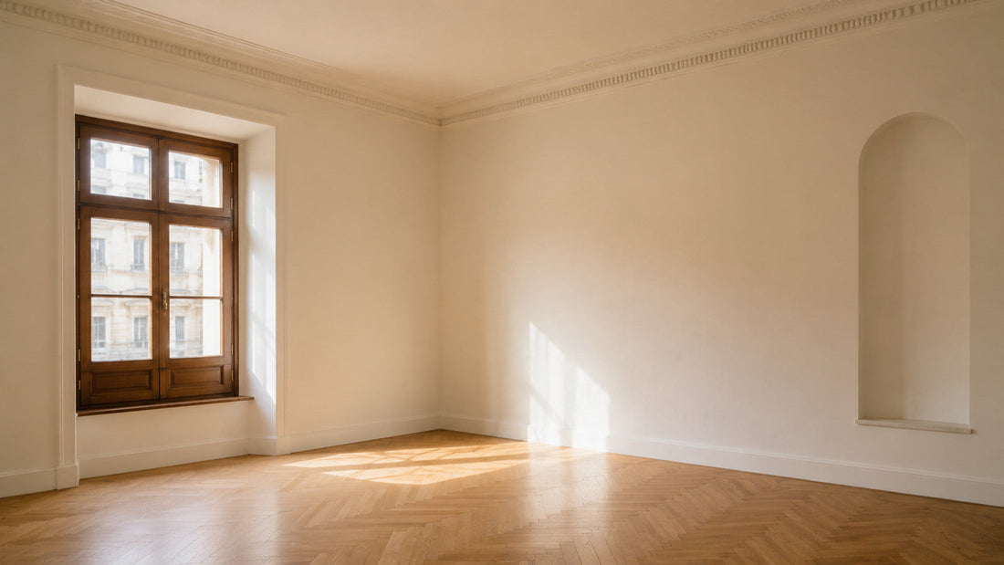 Stanza con pareti bianche, finestra in legno d'epoca e parquet a spina di pesce