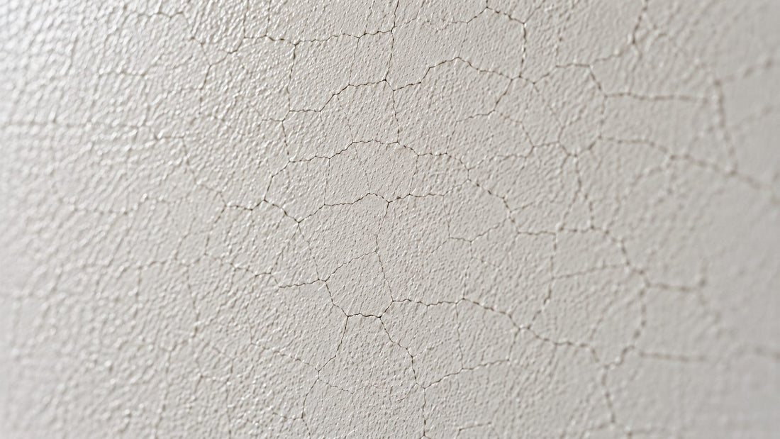 Rete di crepe sottilissime nella pittura di una parete bianca, vista ravvicinata