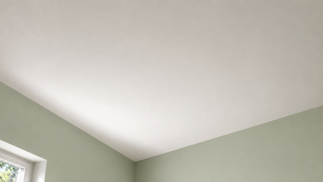 Soffitto tinteggiato in bianco opaco visto dal basso, con pareti in verde salvia chiaro