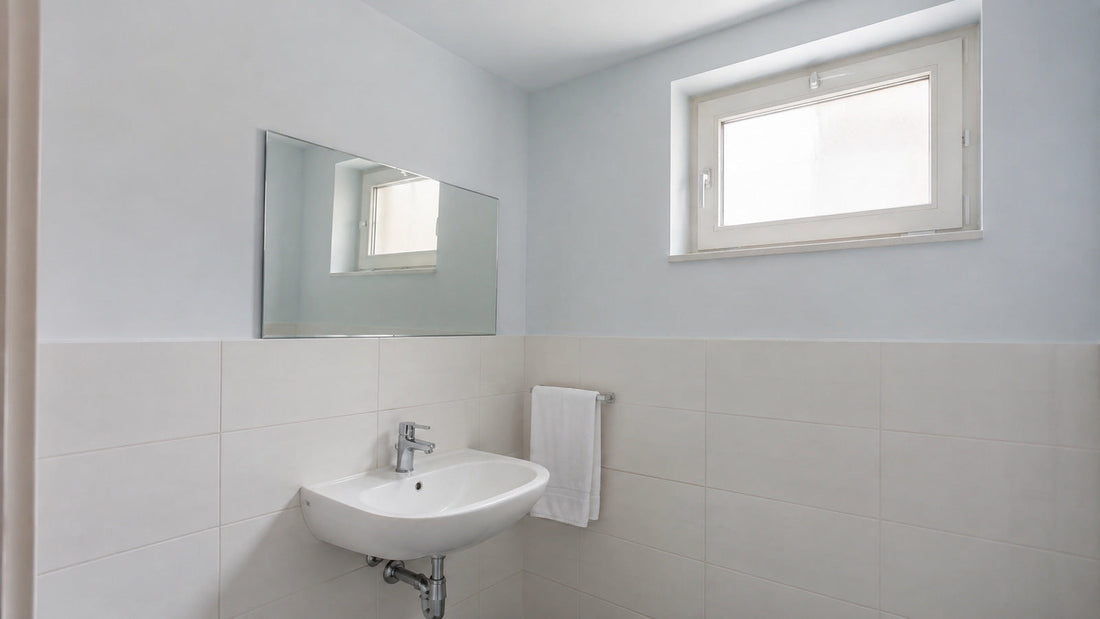 Bagno con fascia alta tinteggiata in azzurro chiaro sopra le piastrelle