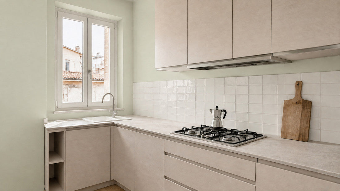 Cucina con pareti in verde eucalipto chiaro e paraschizzi piastrellato bianco