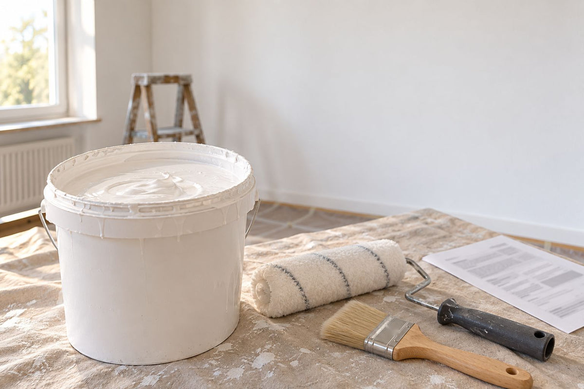 Secchio di pittura per interni aperto con rullo, pennello e scheda tecnica su un telo da lavoro