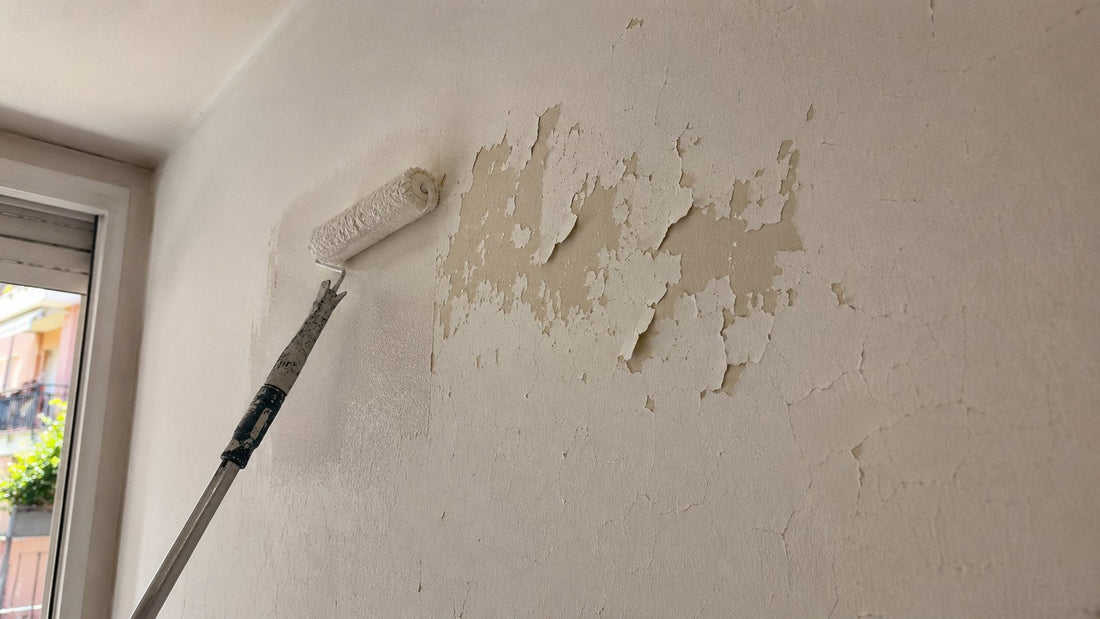 Parete con vecchia pittura che si stacca e si sfoglia a placche vicino al soffitto, rullo appoggiato sulla zona già raschiata