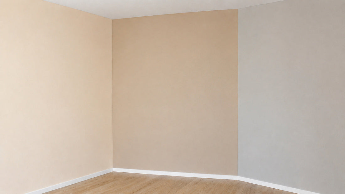 Tre pareti affiancate in tre diverse tonalita di beige, tortora e greige