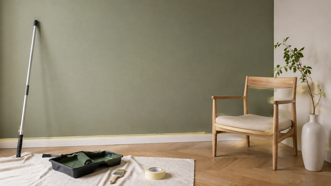 Parete di soggiorno tinteggiata in verde salvia con poltrona in legno chiaro e attrezzatura da pittura